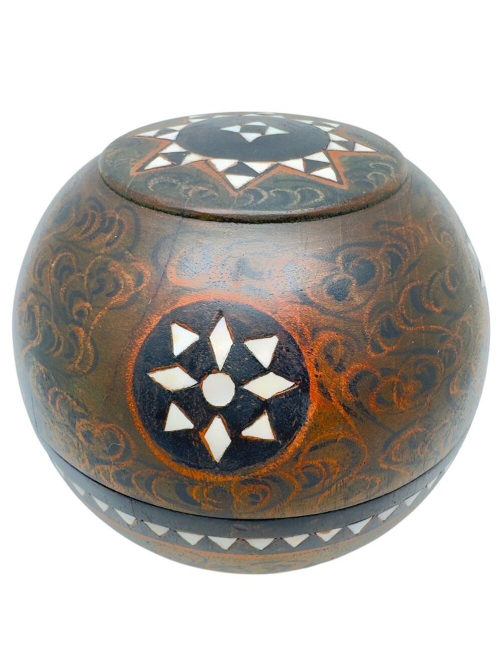 Handmade Round Wooden Trinket Box Intricate White Inlay Carved Details 5" Vtg
